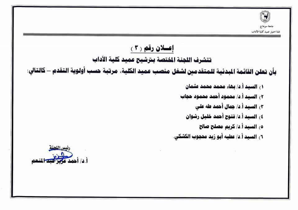 القوائم المبدئية للسادة المرشحين لمنصب عميد كلية ‘‘ الآداب ‘‘ مرتبة حسب تاريخ التقدم للترشح.