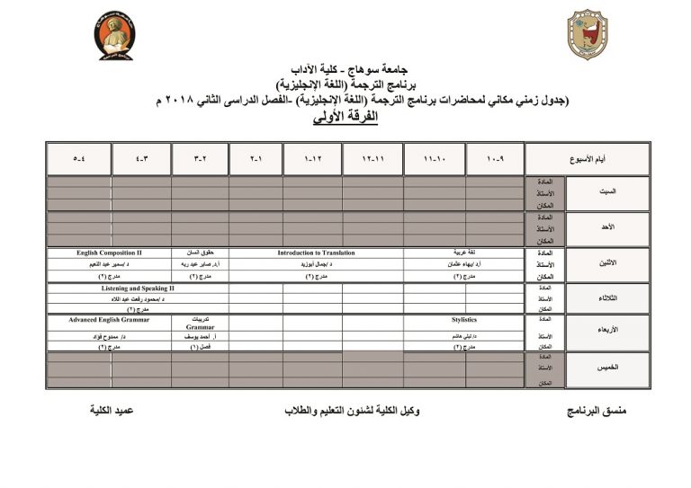 جدول محاضرات برنامج ترجمة اللغة الأنجليزية لجميع الفرق