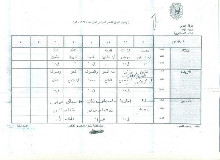 جداول محاضرات جميع الأقسام 2018/2019