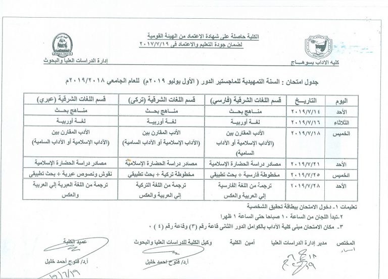 جداول امتحانات السنة التمهيدية للماجستير الدور (الأول يوليو 2019) للعام الجامعي 2018/2019م
