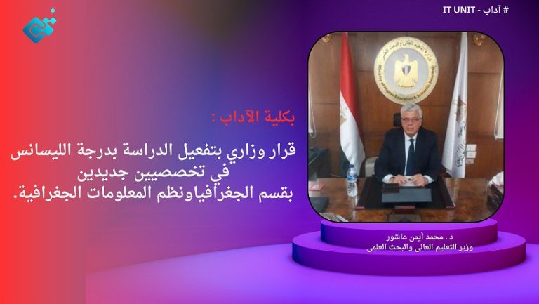 بكلية الآداب : قرار وزاري بتفعيل الدراسة بدرجة الليسانس في تخصصيين جديدين بقسم الجغرافيا ونظم المعلومات الجغرافية .