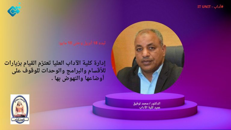 إدارة كلية الآداب العليا تعتزم القيام بزيارات للأقسام والبرامج والوحدات للوقوف على أوضاعها ووضع تصور للنهوض بها .