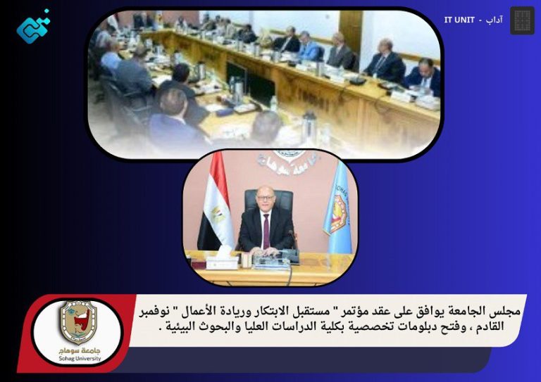 مجلس الجامعة يوافق على عقد مؤتمر ” مستقبل الابتكار وريادة الأعمال ” نوفمبر القادم ، وفتح دبلومات تخصصية بكلية الدراسات العليا والبحوث البيئية .