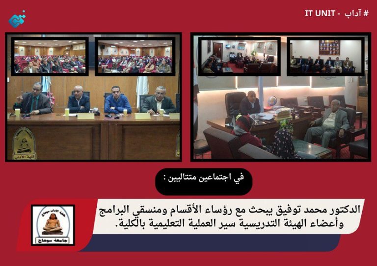 الدكتور محمد توفيق يبحث مع رؤساء الأقسام ومنسقي البرامج وأعضاء الهيئة التدريسية سير العملية التعليمية بالكلية .