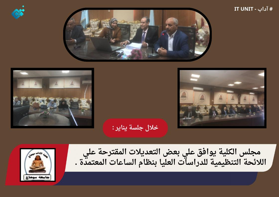 خلال جلسة يناير : مجلس الكلية  يوافق علي بعض التعديلات المقترحة علي اللائحة التنظيمية للدراسات العليا بنظام الساعات المعتمدة .