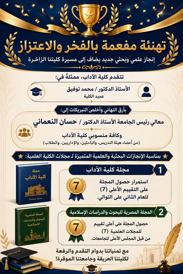 عميد آداب سوهاج أ.د محمد توفيق يهنئ رئيس الجامعة ومنسوبي الكلية بتحقيق إنجاز علمي وبحثي جديد